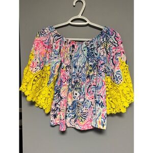 Lilly Pulitzer Zaylee Off The Shoulder Boho Lace Trimmed Tropical‎ Print Top XS